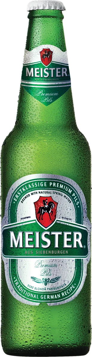 Sticlă Meister Premium Pils cu etichetă verde și argintie